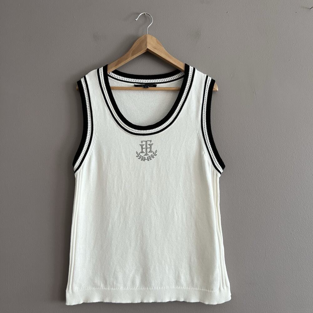 Tommy Hilfiger Sweater Tank Top Womens XL Rhinestone Logo Preppy Tennis Core Y2K